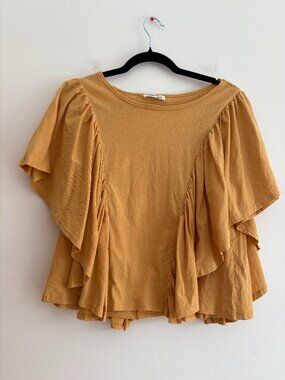 Nomad 100% Cotton Mustard Yellow Top Ruffles Vacation Beach Travel Funky Boho